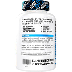 EVLution L-Carnitine 500mg packaging-box highlighting non-GMO and gluten-free formula