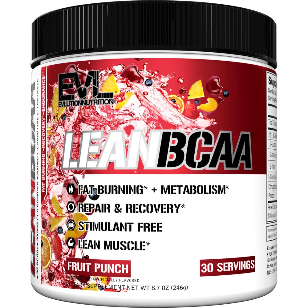 Evlution Lean BCAA Powder bottle highlights 5 g BCAAs for recovery and metabolism.