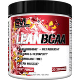 Evlution Lean BCAA Powder bottle highlights 5 g BCAAs for recovery and metabolism.