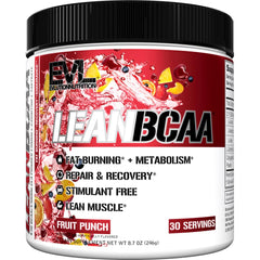 Evlution Lean BCAA Powder bottle highlights 5 g BCAAs for recovery and metabolism.