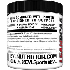 Evlution Lean BCAA Powder label highlights CLA and L-carnitine.