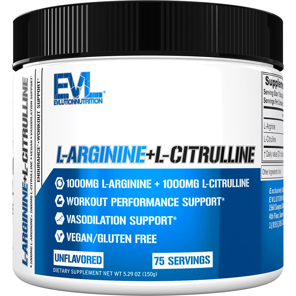 Evlution Nutrition L-Arginine + L-Citrulline bottle closeup highlights nitric oxide support.