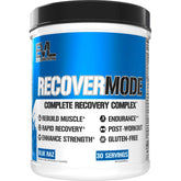 Evlution Recover Mode bottle front view, blue raz flavor, ideal for post-workout recovery.
