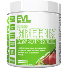 EVLution Stacked Greens container highlights vegan, GMO-free daily nutrition.