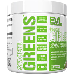 Glass with water shows refreshing Orchard Apple flavor from EVLution Stacked Greens.