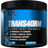 Evlution Thermogenic Blue Raz tub shows the flavor-ready packaging for quick energy.