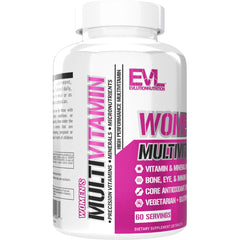 Evlution Women's Multivitamin label nutrition listing key vitamins and minerals