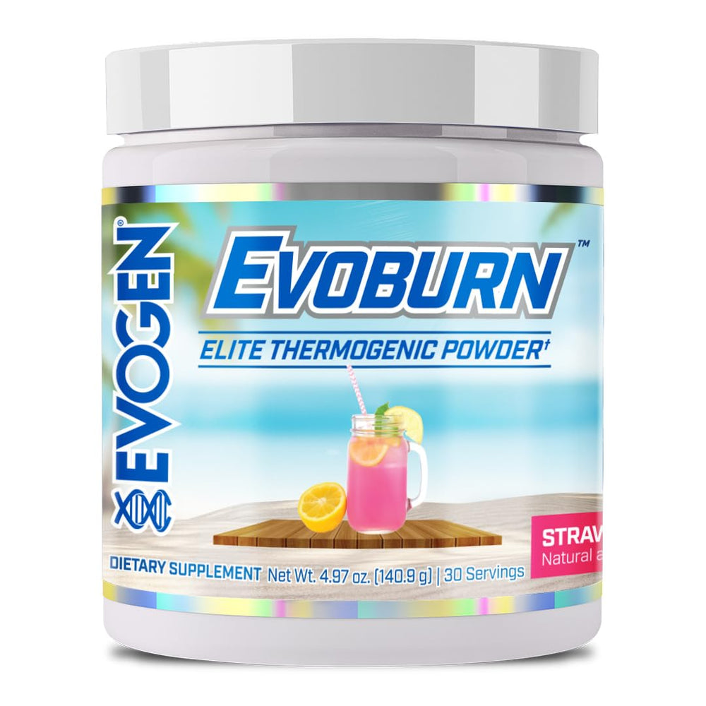 Evogen Evoburn strawberry lemonade tub front for quick flavor identification and on-the-go energy.