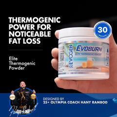 Evogen Evoburn front-view tub emphasizes bold packaging and Orange Sunrise flavor.