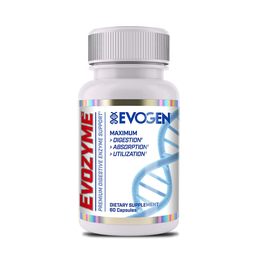 Evogen Evozyme bottle closeup showing premium digestive enzyme support for athletes during meals