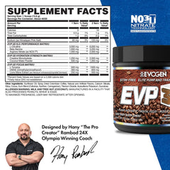 Evogen EVP 3D Iced Mocha shaker display demonstrates stimulant-free pre-workout choice
