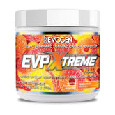 Evogen EVP Xtreme NO powder can with peach rings flavor ready for intense workouts.