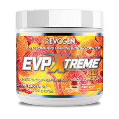 Evogen EVP Xtreme NO powder can with peach rings flavor ready for intense workouts.