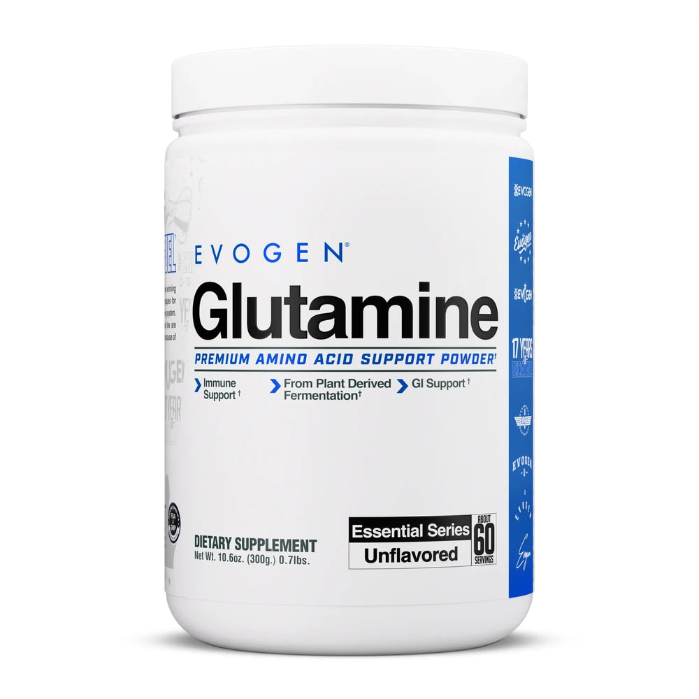 Evogen Glutamine bottle front showing recovery-focused supplement use.