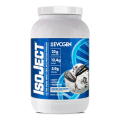 Evogen Isoject bottle front with Cookies and Cream label signaling ultra pure recovery support.