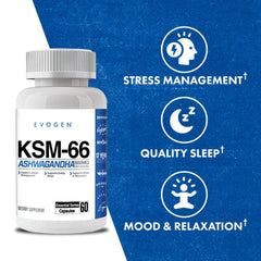 Pile of Evogen KSM-66 Ashwagandha 600mg capsules for easy daily use