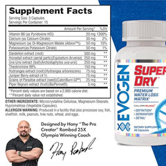 Evogen Super Dry label detail emphasizing natural diuretic ingredients and results.
