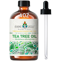 EVOKE OCCU Tea Tree Oil bottle showing pure, undiluted formula for skin care