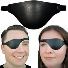 Extraordinary Commissary black leather eye patch with adjustable band and concave design for secure wear.