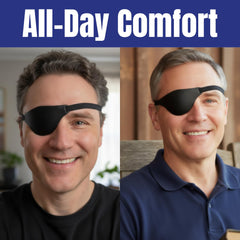 Extraordinary Commissary eye patch sits comfortably under eyeglasses for glasses wearers.