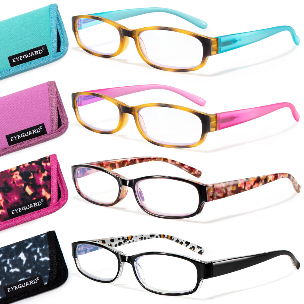 EYEGUARD 4-pack blue light glasses for women, front view, may reduce screen-time eye strain.