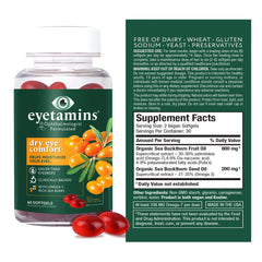 Eyetamins Dry Eye Himalayan Sea Buckthorn oil bottle highlighting antioxidant-rich formula.