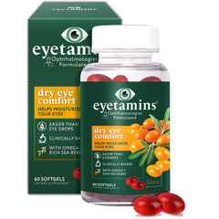 Eyetamins Dry Eye Softgels bottle for daily eye hydration.