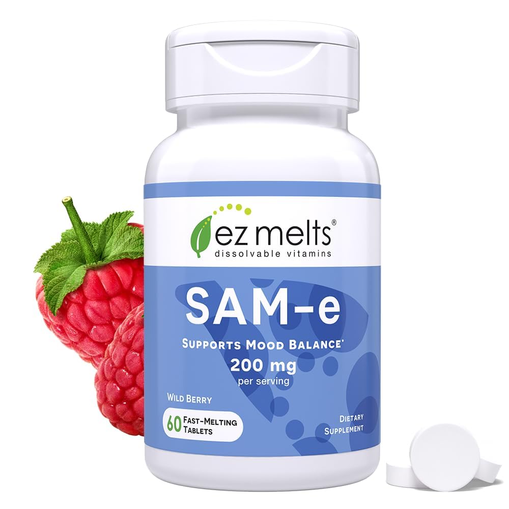 EZ Melts SAM-e dissolvable 200 mg tablet melting on the tongue for easy daily use