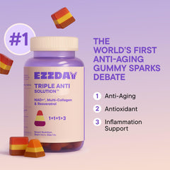 Close-up of EZZDAY gummies showing texture and daily vitality benefits