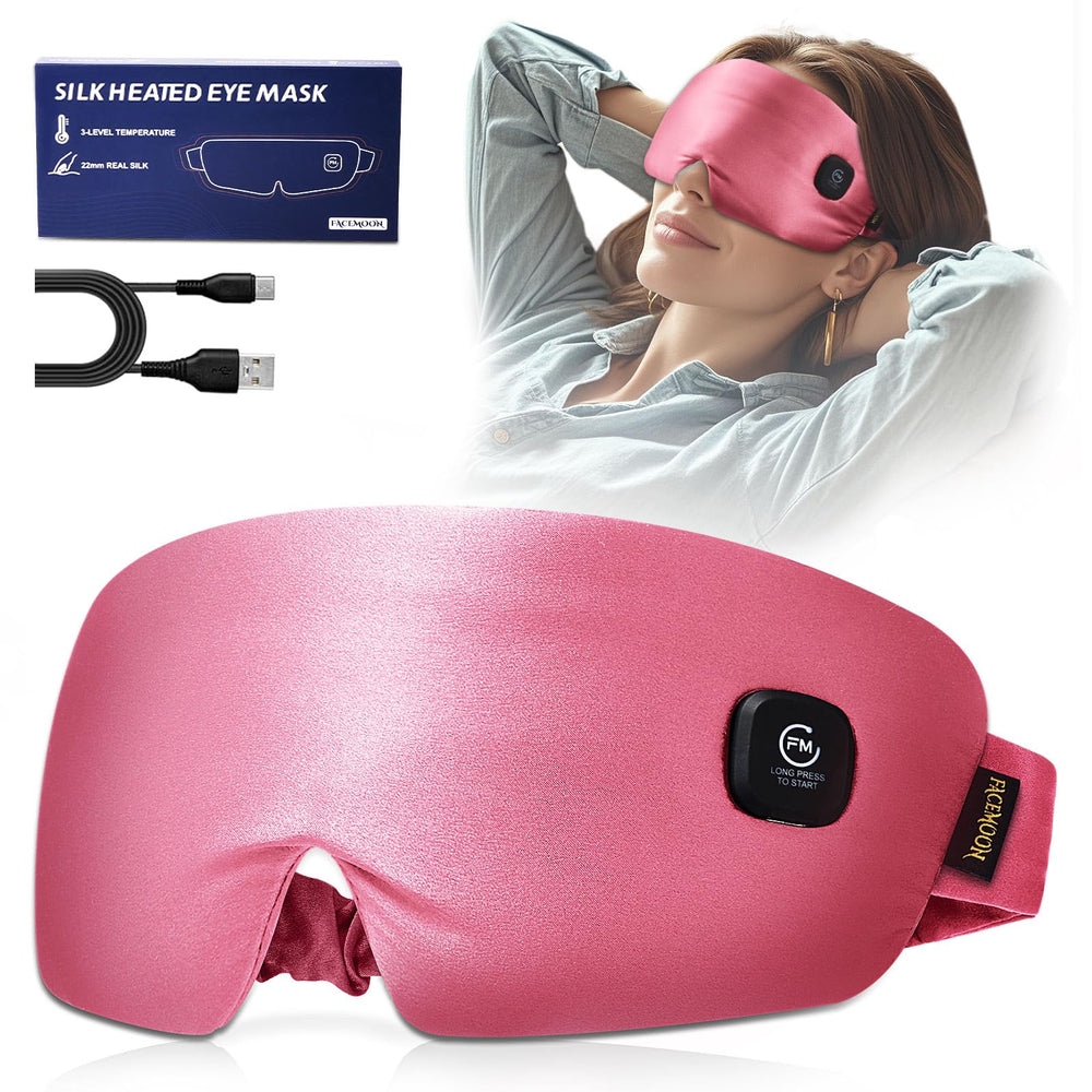 FACEMOON heated eye mask with silk, cordless pink for relaxing sleep.