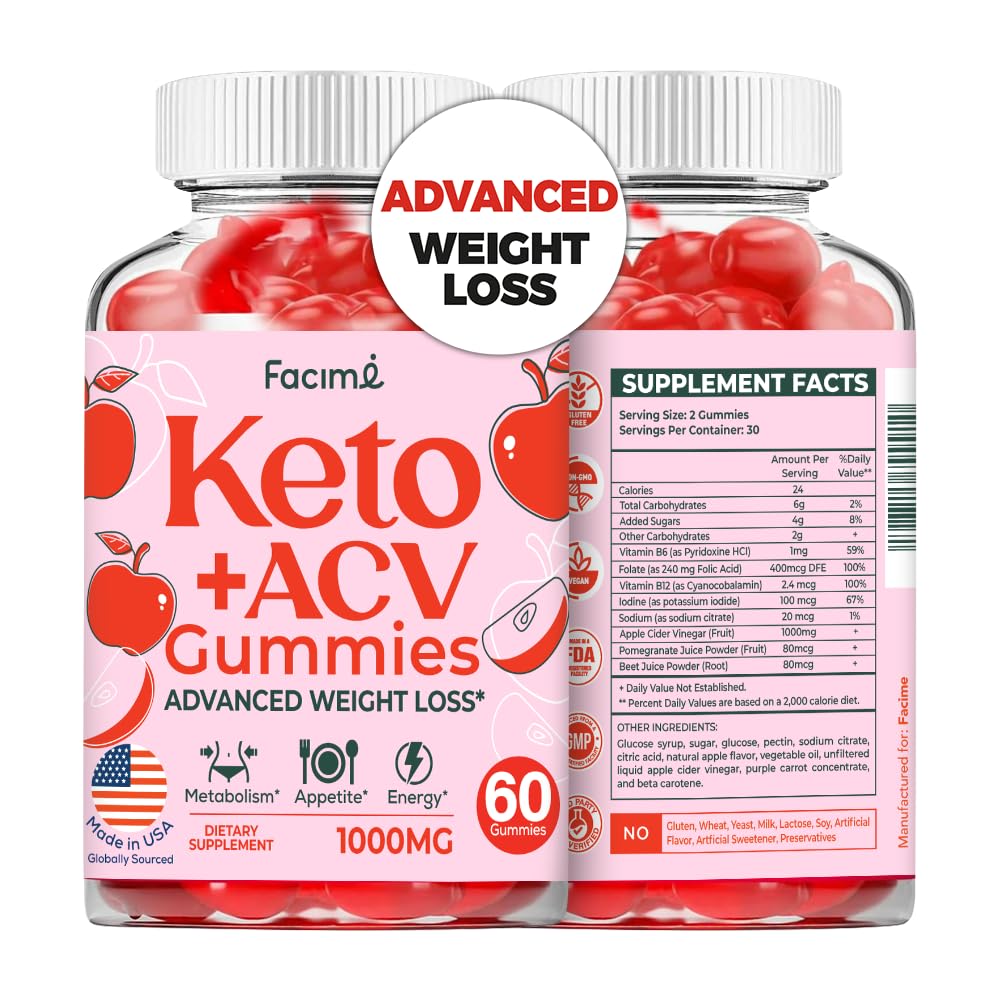 Facime Premium Keto ACV Gummies bottle shows vegan, non-GMO formula for daily energy.