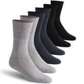 Facool non-binding loose-top socks on leg, promotes comfortable circulation with wide calf fit.