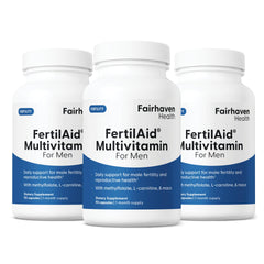 Fairhaven Health FertilAid Men bottle with label signaling trusted fertility support.