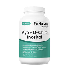 Fairhaven Health Myo-Inositol & D-Chiro Inositol bottle front shows 40:1 ratio for balanced hormones