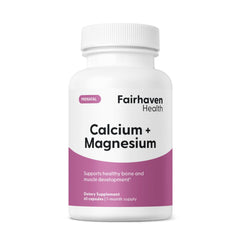 Fairhaven Health Peapod Cal-Mag bottle demonstrates convenient daily supplementation for bone support.