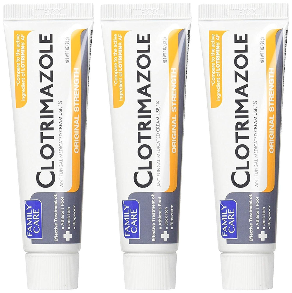 Family Care Clotrimazole 1 percent cream tubes in a 3 pack for convenient antifungal care