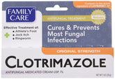 Family Care Clotrimazole cream 1oz tube for fast, smooth application to fungal infections.