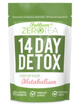FATBOM Zero Tea packaging closeup highlighting detox blend for daily use.