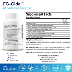 FC-Cidal capsules closeup highlights 500 mg herbal blend for digestive health.