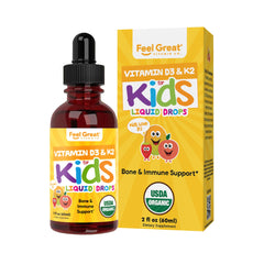 Feel Great D3 K2 liquid bottle for kids, supporting bone health.