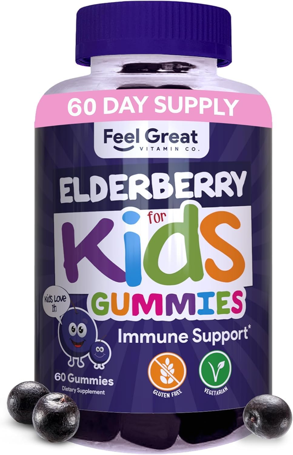 The Feel Great Kids Elderberry Gummies bottle promotes daily immune support