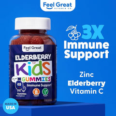 Pouring Feel Great Kids Elderberry Gummies illustrates quick immune support