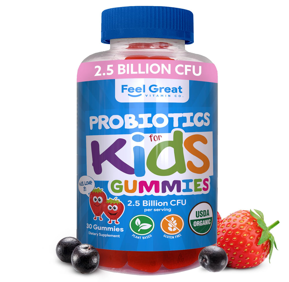 The Feel Great Kids Probiotics Gummies strawberry bottle for daily digestive support.