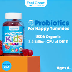 Feel Great Kids Probiotics Gummies strawberry jar shown for immune-friendly daily routine.