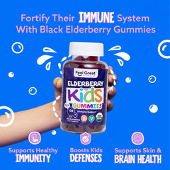 The Feel Great Vitamin Company elderberry gummies kids texture shows chewy, kid-friendly gummies.