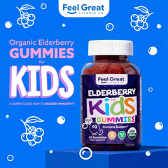 The Feel Great Vitamin Company elderberry gummies kids packaging emphasizes a convenient daily dose.