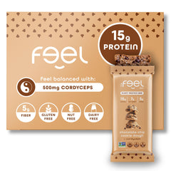 FEEL Vegan Bar cookie dough pack shows organic ingredients for a clean snack