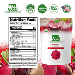 FEEL GOOD beetroot powder scoop beside glass for smoothie nourishment