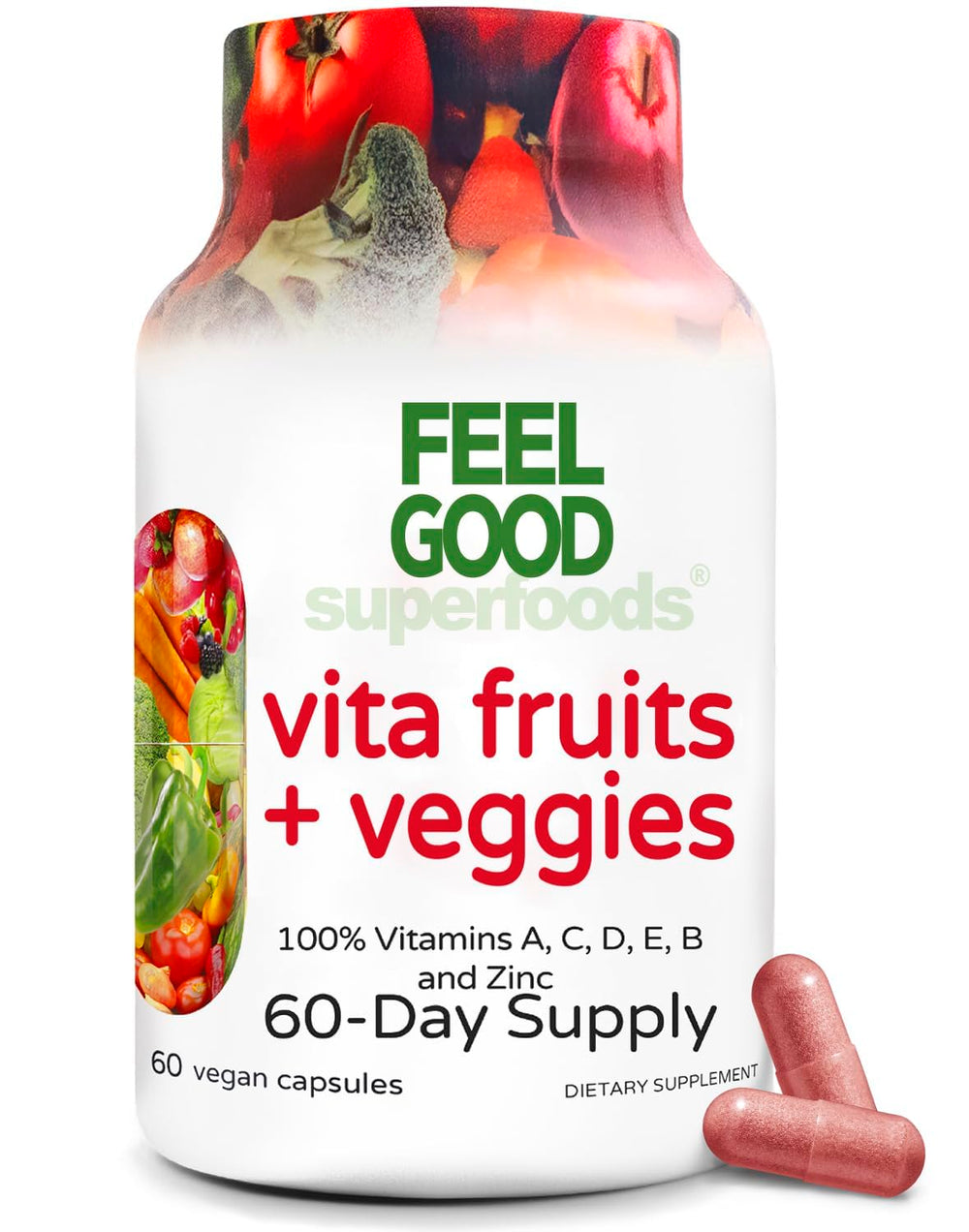 FeelGood Vita Fruits and Veggies bottle label highlights 60 capsules for daily nourishment
