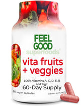 FeelGood Vita Fruits and Veggies bottle label highlights 60 capsules for daily nourishment
